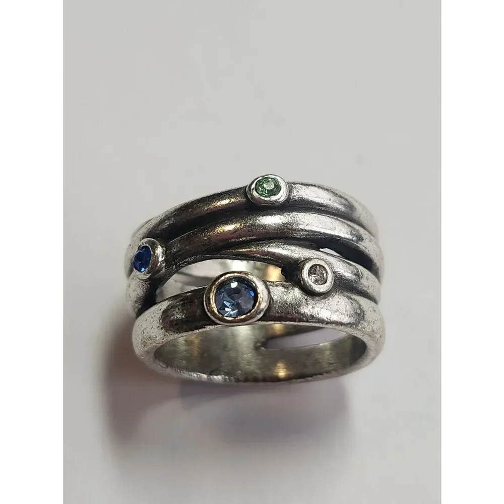Sterling Silver Blue Green CZ Modernist Wide Band Ring Layered Open Work Sz 7.5